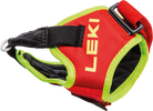 Die Leki Trigger Frame Strap ist eine rot-schwarze Ersatzschlaufe mit gelb-grüner Zierleiste und auffälligem gelben Branding, die für die sichere Befestigung an alpinen Skistockgriffen entwickelt wurde.