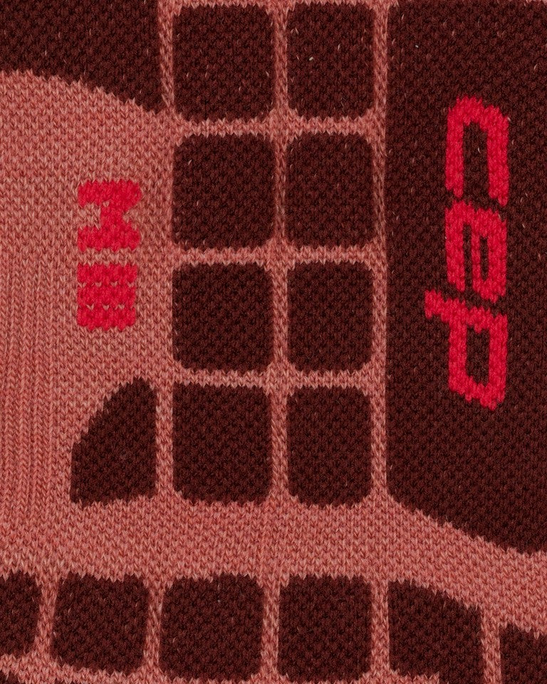Braune und dunkelrote ultraleichte Skisocken für Damen von CEP mit einem gestrickten geometrischen Muster aus Quadraten und Rechtecken sowie roten Symbolen und Zahlen, die in das Design integriert sind.