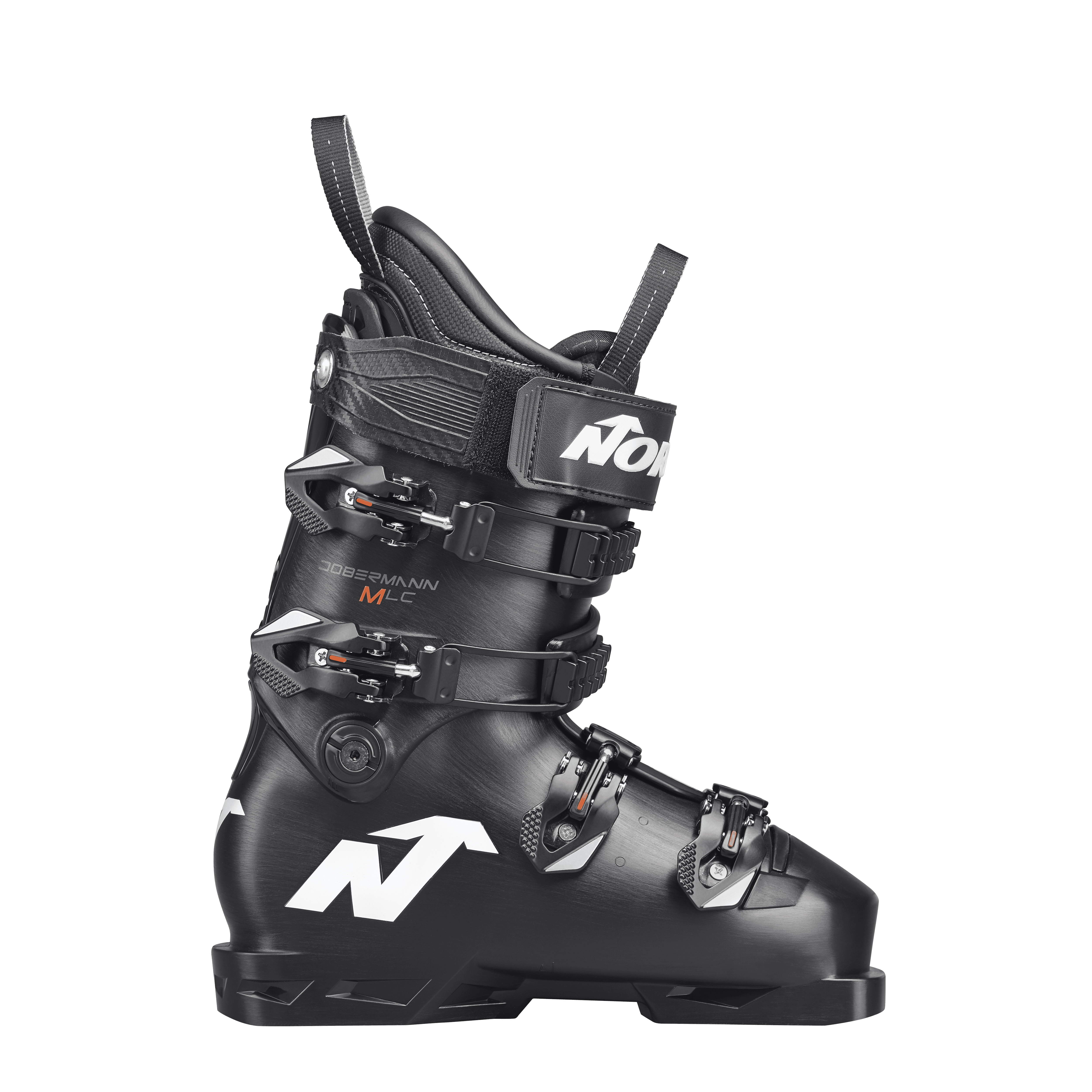 Der Nordica DOBERMANN 5 96 L.C. MEDIUM 2026/2027 ist ein schwarzer Rennskischuh mit drei Metallschnallen, einem Power Strap und weißem Nordica-Branding, der im Seitenprofil vor einem schlichten Hintergrund abgebildet ist.
