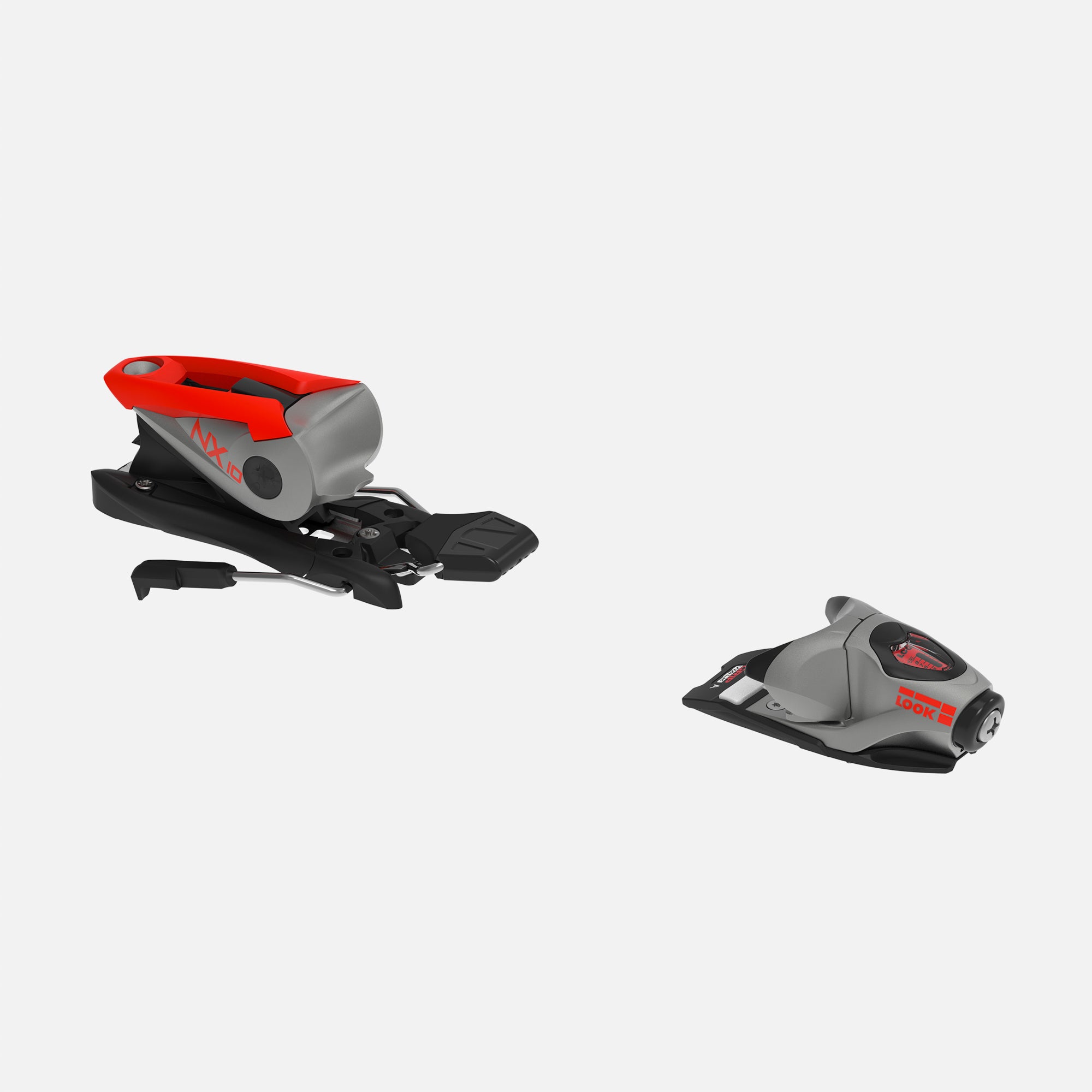 Ein Paar Rossignol LOOK NX 10 GW B73 SILVER RED Bindungen sind auf einem weißen Hintergrund abgebildet, wobei die getrennten Fersen- und Zehenteile gezeigt werden.