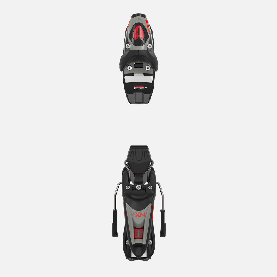 Draufsicht und Seitenansicht einer Rossignol LOOK NX 7 GW LIFTER B73 SILVER RED Skibindung, mit Markenkennzeichnung und Metallteilen, dargestellt vor einem schlichten weißen Hintergrund.