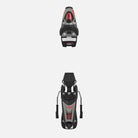 Draufsicht auf die Junior-Skibindung S.F. Sports Look NX 7 GW B73 Silver Red, GripWalk-kompatibel, mit Vorderbacken unten und Ferse oben, dargestellt auf einem schlichten weißen Hintergrund.