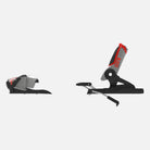 Seitenansicht des Rossignol LOOK SPX 12 GW B80 SILVER RED Bindungssatzes mit schwarzer Basis, silbernen und roten Akzenten sowie einer Metallbremse. Beide Zehen- und Fersenstücke sind vor einem weißen Hintergrund abgebildet.