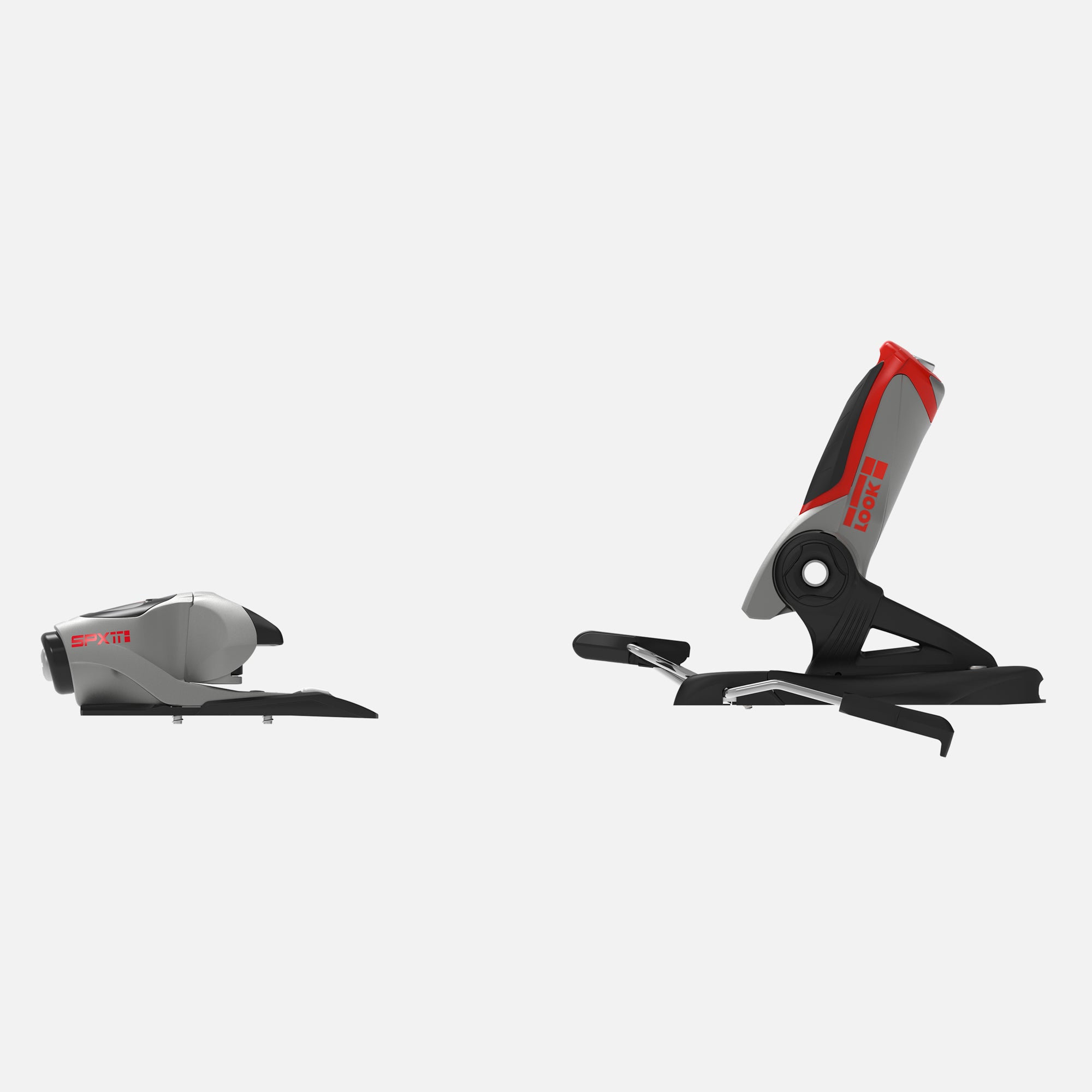 Seitenansicht eines Paars Rossignol LOOK SPX 11 GW B73 SILVER RED Bindungen auf weißem Hintergrund; die linke Bindung ist überwiegend grau mit schwarzen Details, während die rechte Bindung graue, schwarze und rote Akzente aufweist.