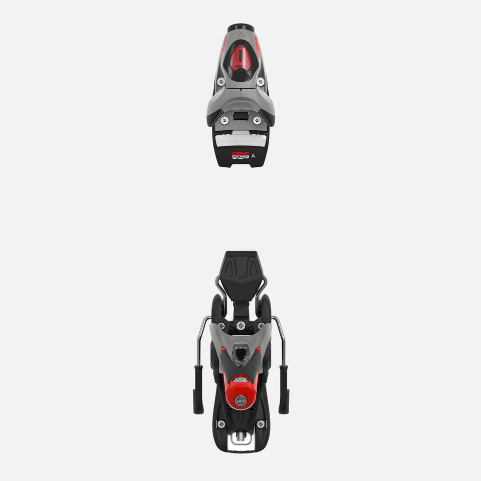 Draufsicht auf ein Paar Rossignol LOOK SPX 11 GW B73 SILVER RED Bindungen, die übereinander positioniert sind und die Farben Schwarz, Rot und Silber sowie die Einstellmöglichkeiten präsentieren - perfekt als Race-Bindung.