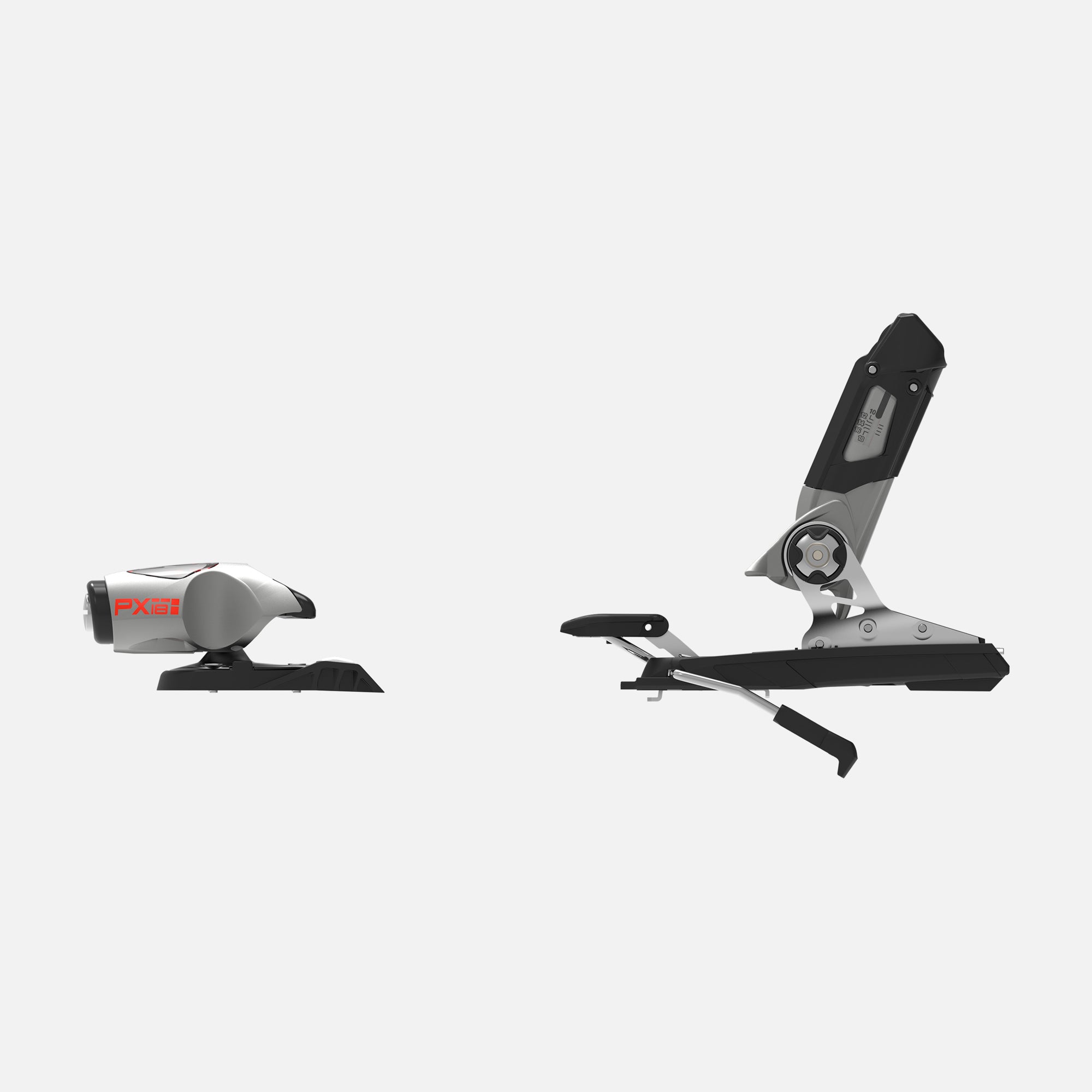 Seitenansicht der Rossignol LOOK PX 18 WC ROCKERACE SILVER RED Bindung in Schwarz und Silber mit rotem PX 18-Schriftzug auf dem Vorderteil und dem Fersenteil auf der rechten Seite, entwickelt für Slalom und Riesenslalom, auf weißem Hintergrund.