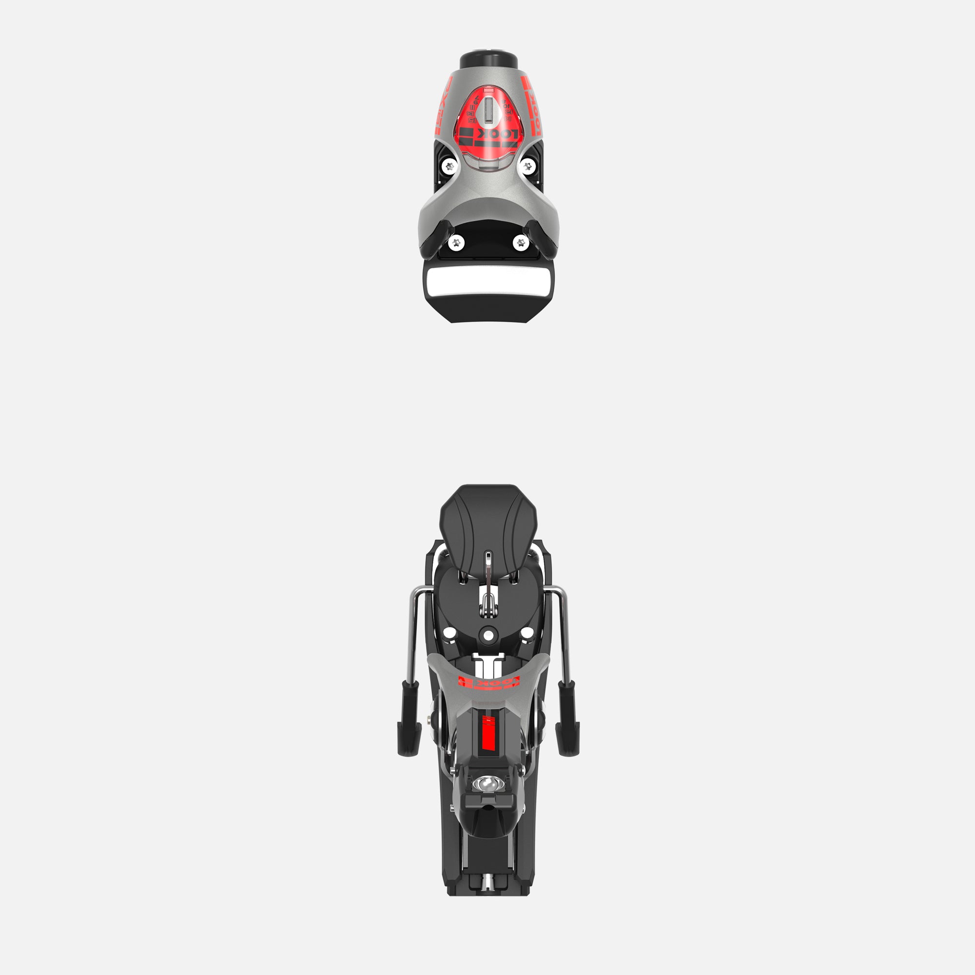 Draufsicht und Vorderansicht der Rossignol LOOK PX 18 WC ROCKERACE SILVER RED Skibindung, die für Slalom und Riesenslalom entwickelt wurde, dargestellt auf einem einfarbig weißen Hintergrund.