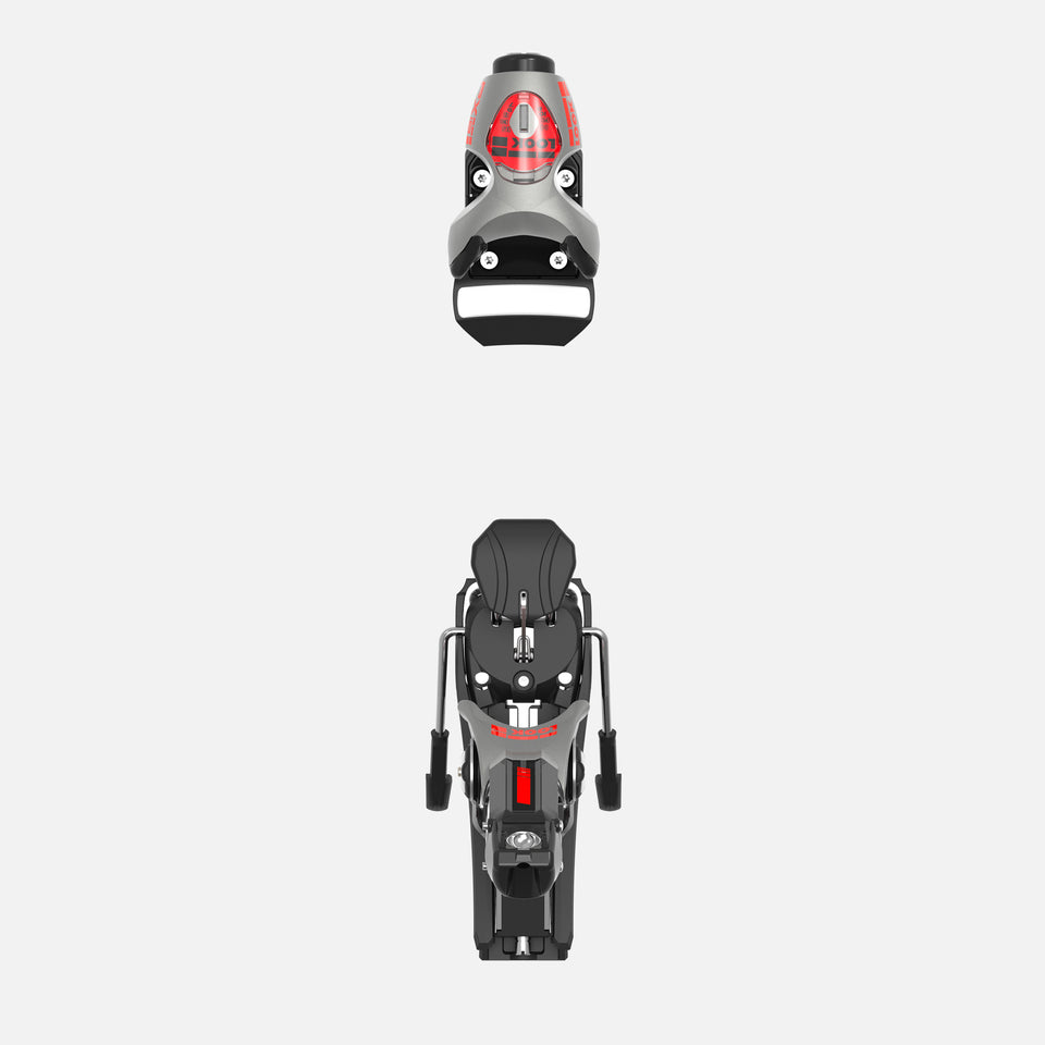 Draufsicht und Vorderansicht der Rossignol LOOK PX 18 WC ROCKERACE SILVER RED Skibindung, die für Slalom und Riesenslalom entwickelt wurde, dargestellt auf einem einfarbig weißen Hintergrund.