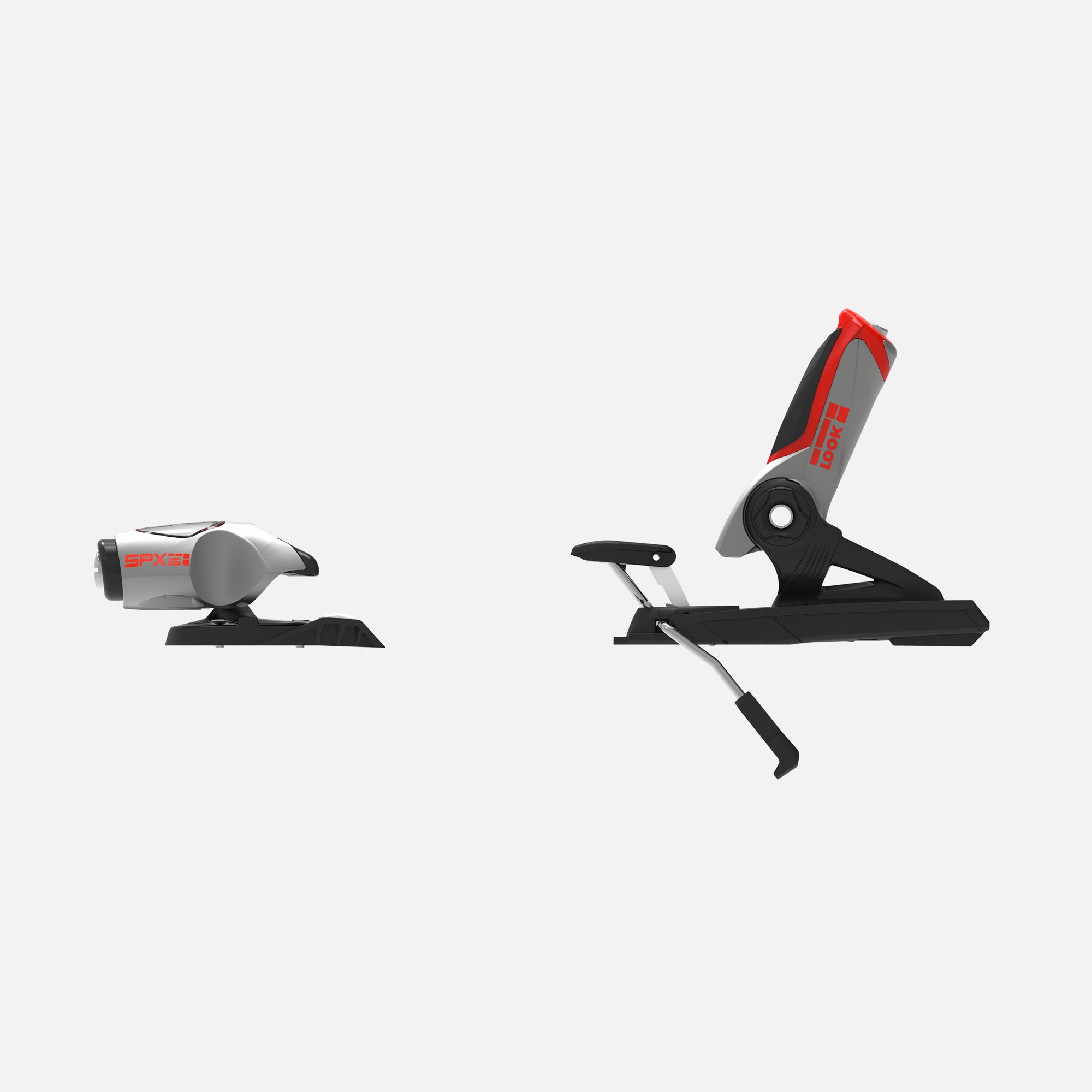 Ein Paar Rossignol LOOK SPX 15 ROCKERACE SILVER RED Skibindungen ist auf einem weißen Hintergrund mit den Farben Schwarz, Rot und Grau dargestellt. Eine Bindung ist von der Seite gezeigt, die andere aus einer schrägen Seitenansicht.