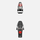Draufsicht auf ein Paar Rossignol LOOK SPX 15 ROCKERACE SILVER RED Rennbindungen, vertikal angeordnet auf weißem Hintergrund, mit der vorderen Bindung oben. Ideal für passionierte Skifahrer.