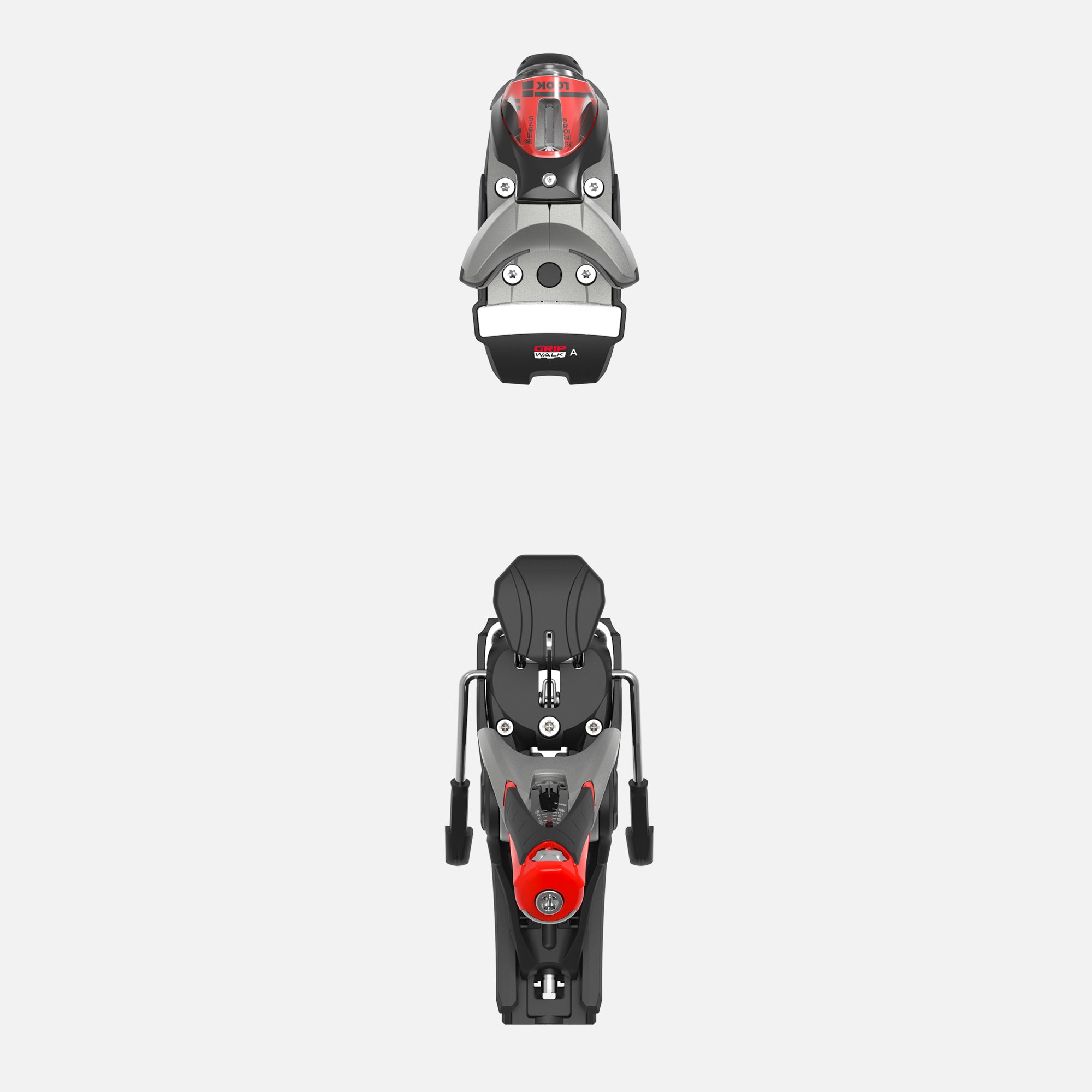 Draufsicht auf das Rossignol LOOK SPX 14 ROCKERACE GW SILVER RED Skibindungsset, dargestellt auf weißem Hintergrund, mit Hervorhebung der Vorder- und Hinterbacken.