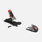 Ein Paar Rossignol LOOK SPX 12 ROCKERACE GW SILVER RED Skibindungen mit GripWalk-Kompatibilität auf weißem Grund; die linke Bindung steht aufrecht in Schwarz und Rot, während die rechte flacher liegt und ein passendes Design hat.