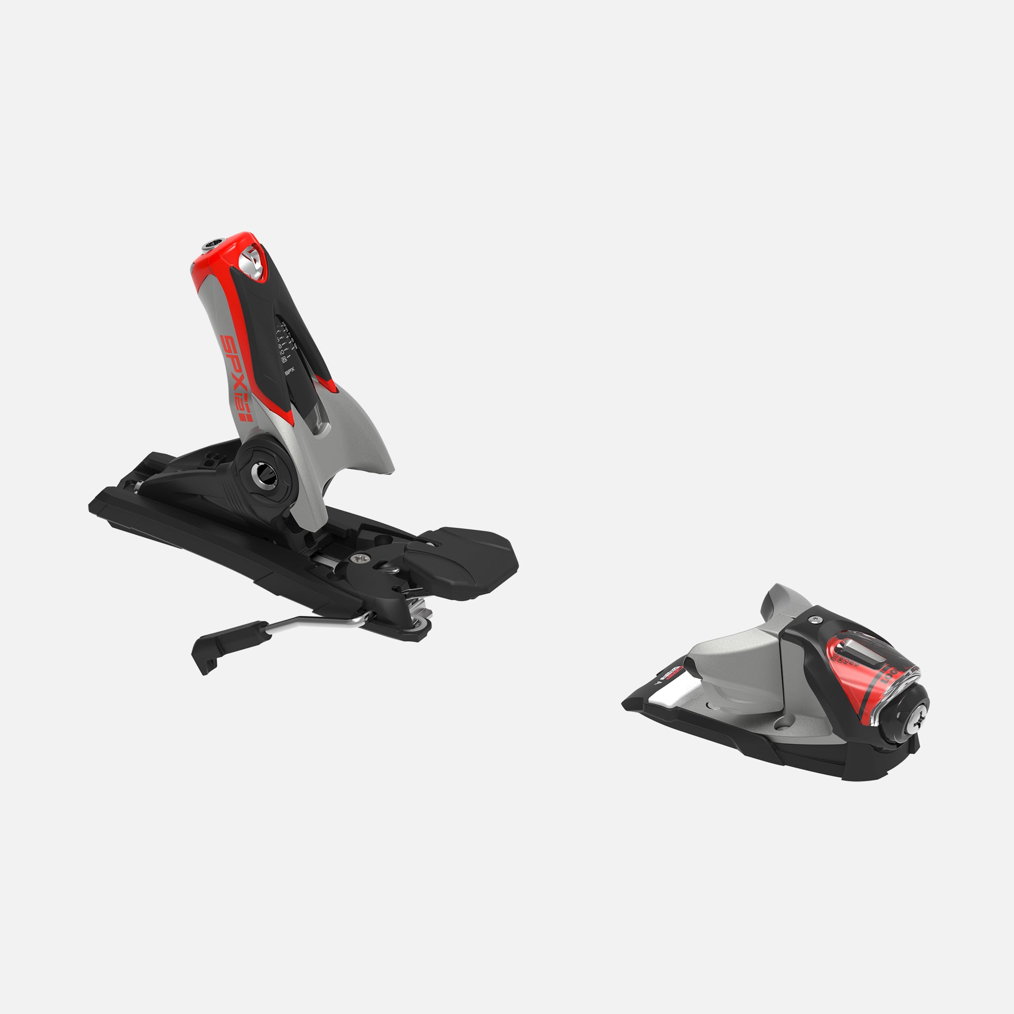 Ein Paar Rossignol LOOK SPX 12 ROCKERACE GW SILVER RED Skibindungen mit GripWalk-Kompatibilität auf weißem Grund; die linke Bindung steht aufrecht in Schwarz und Rot, während die rechte flacher liegt und ein passendes Design hat.