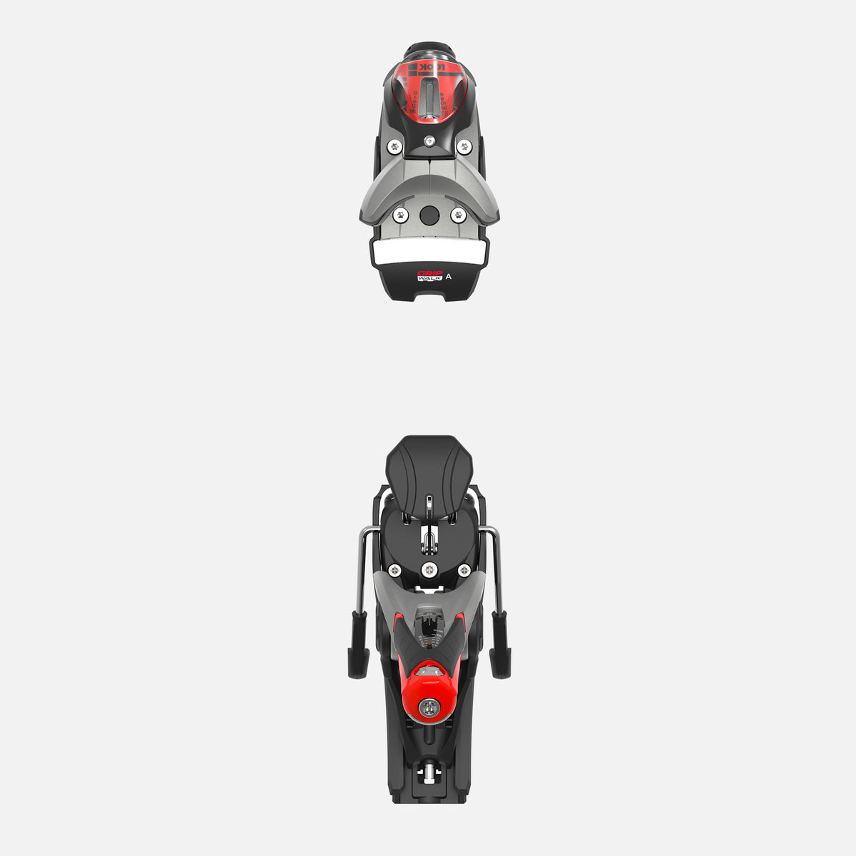 Ansicht von oben auf die Rossignol LOOK SPX 12 ROCKERACE GW SILVER RED Skibindung mit schwarzen, roten, silbernen und grauen Akzenten und GripWalk-Kompatibilität, getrennt und vertikal vor weißem Hintergrund dargestellt.
