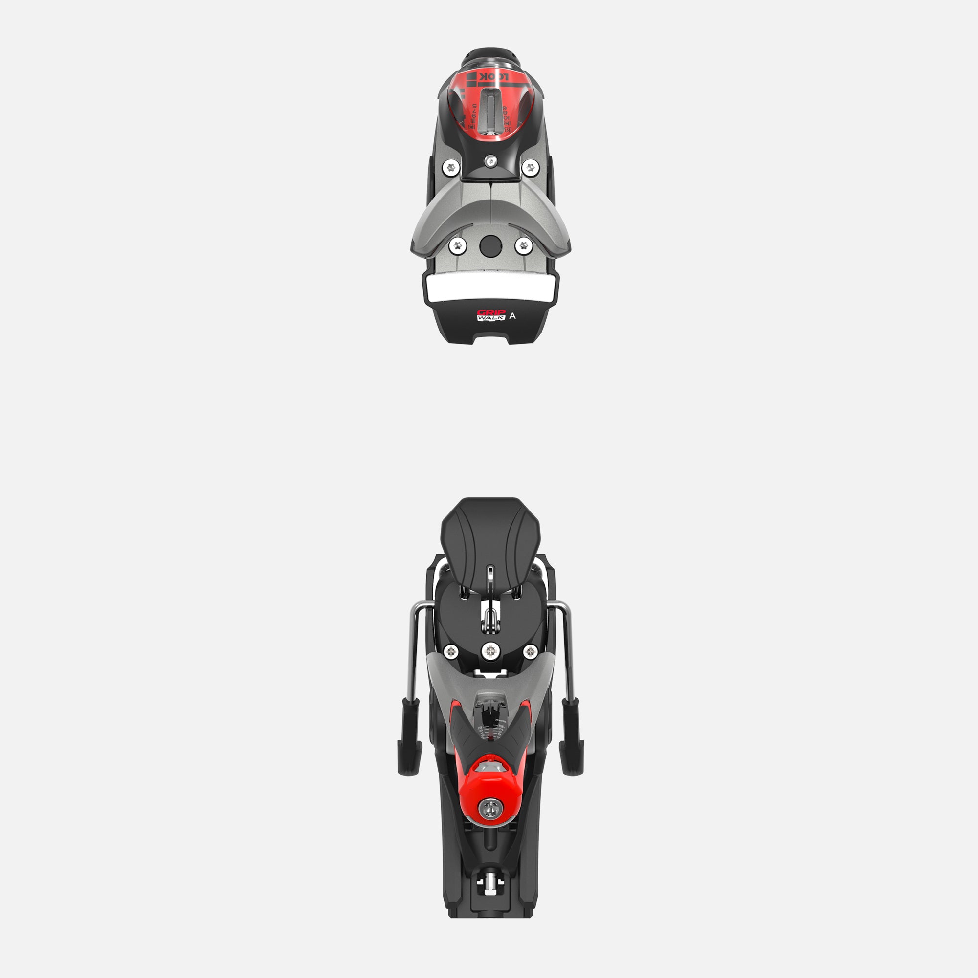 Ansicht von oben auf die Rossignol LOOK SPX 12 ROCKERACE GW SILVER RED Skibindung mit schwarzen, roten, silbernen und grauen Akzenten und GripWalk-Kompatibilität, getrennt und vertikal vor weißem Hintergrund dargestellt.