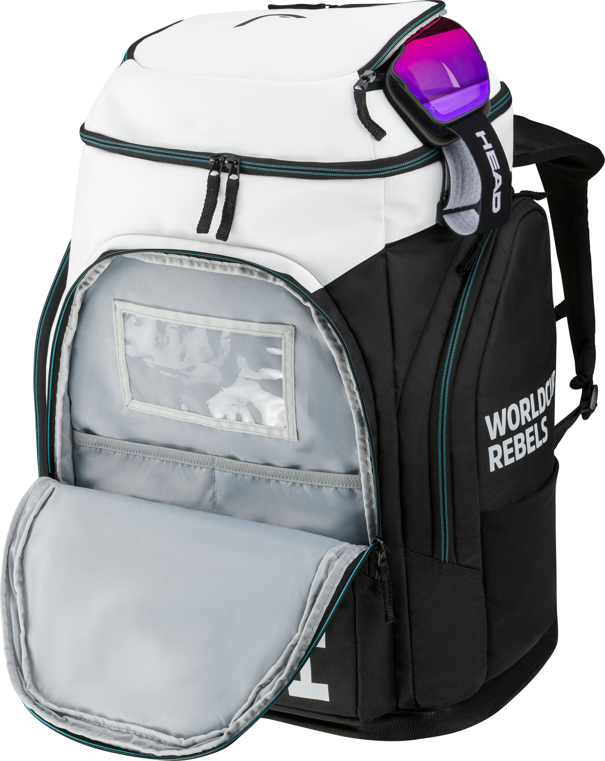 HEAD Rebels Racing Backpack L mit geöffnetem Front-Staufach – funktionaler Skirucksack mit separatem Organizerfach für Skibrille, Handschuhe und Zubehör.