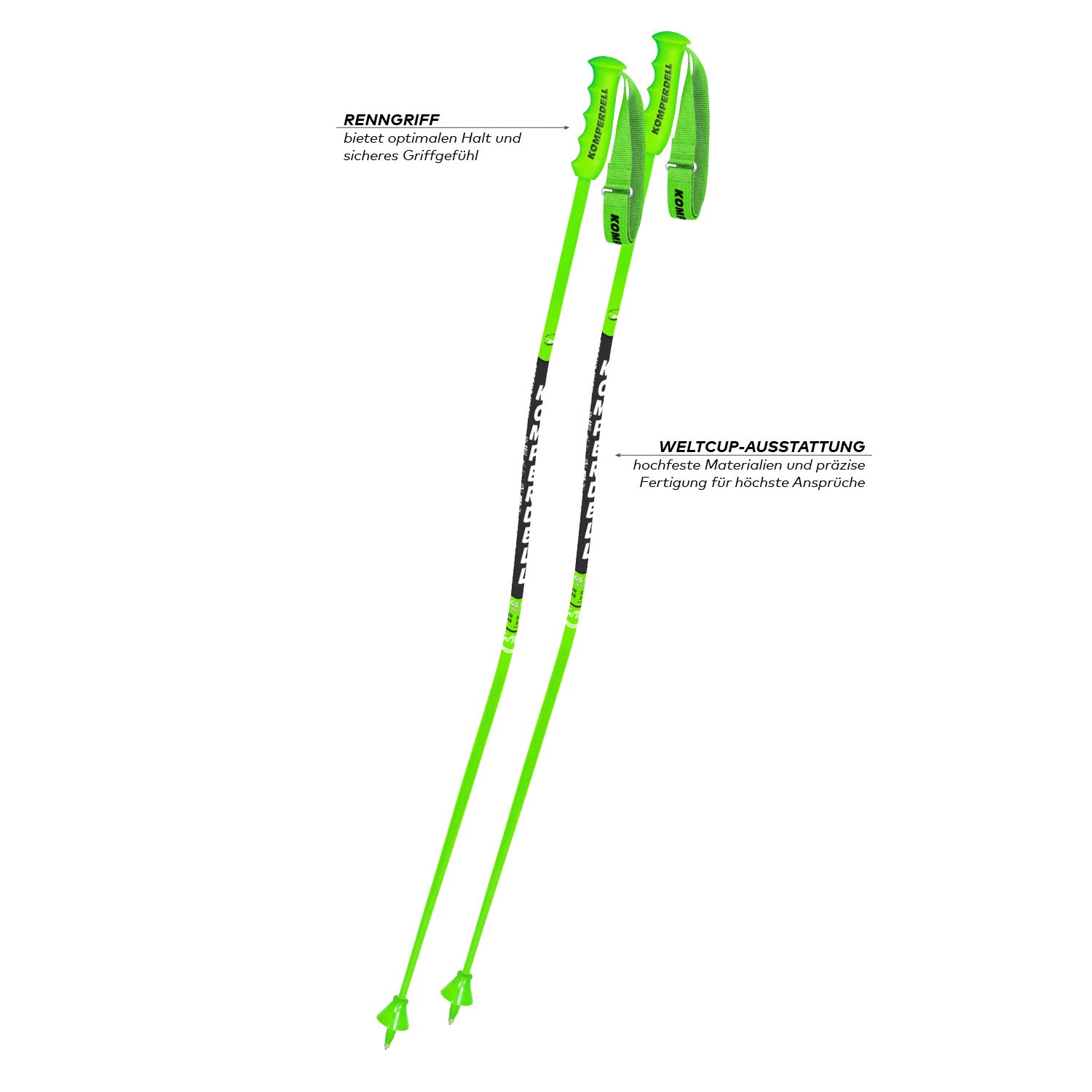 Zwei leuchtend grüne Komperdell Nationalteam Carbon GS Bent Skistöcke mit schwarzen und weißen Details werden nebeneinander präsentiert. Die deutsche Beschriftung hebt die ergonomischen Renngriff-Griffe und den Carbon-Schaft für die Weltcup-Präzision der Elite hervor.