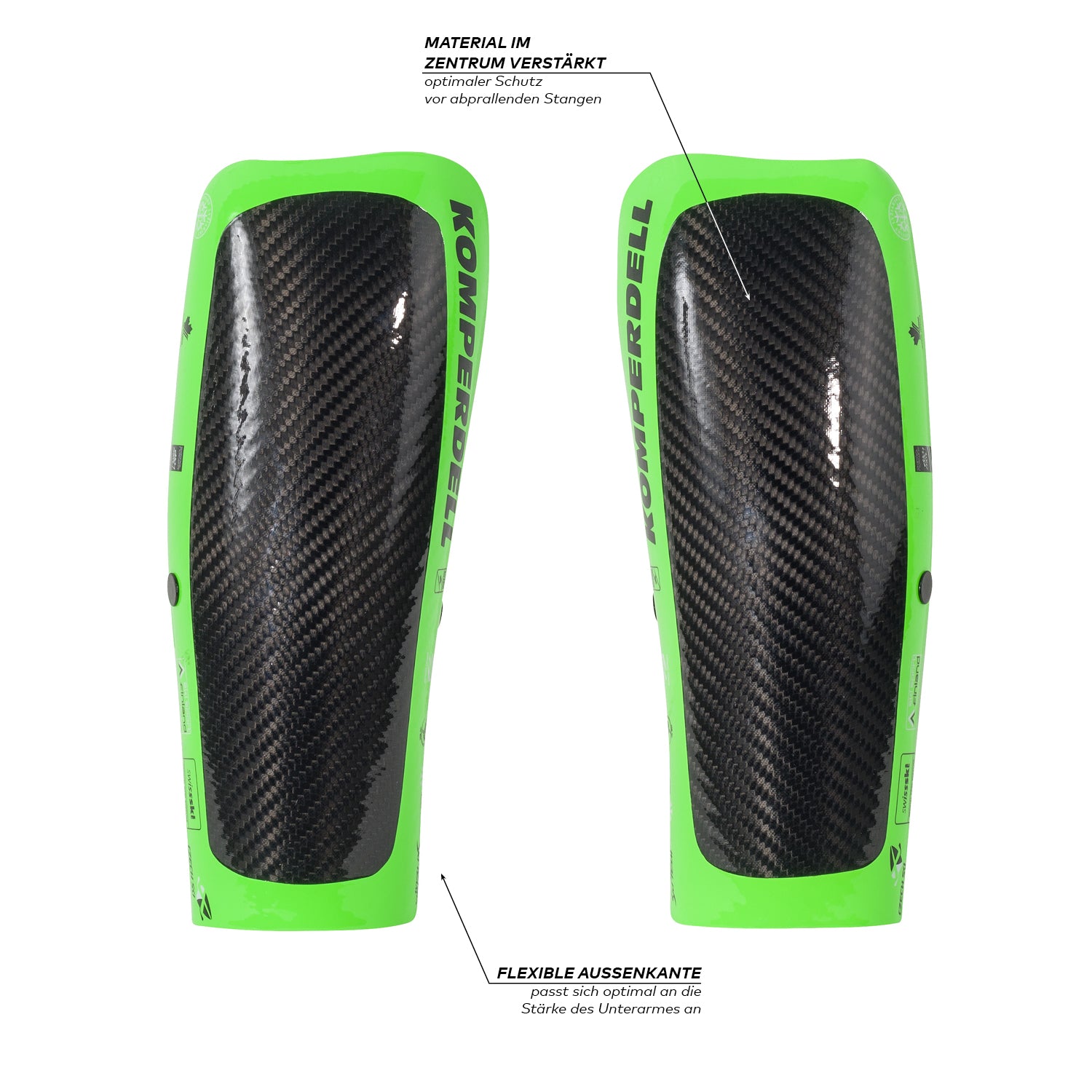 Komperdell Unterarm Schlagschutz aus Carbon mit verstaerktem Zentrum und flexibler Aussenkante fuer optimalen Schutz im Skirennsport in schwarz gruen