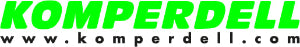 Das Logo zeigt "KOMPERDELL" in großen, leuchtend grünen Buchstaben über www.komperdell.com in Kleinbuchstaben schwarz auf weiß und hebt die 100%ige Carbon-Performance und den Schlagschutz des Komperdell Nationalteam Carbon Slalom hervor.