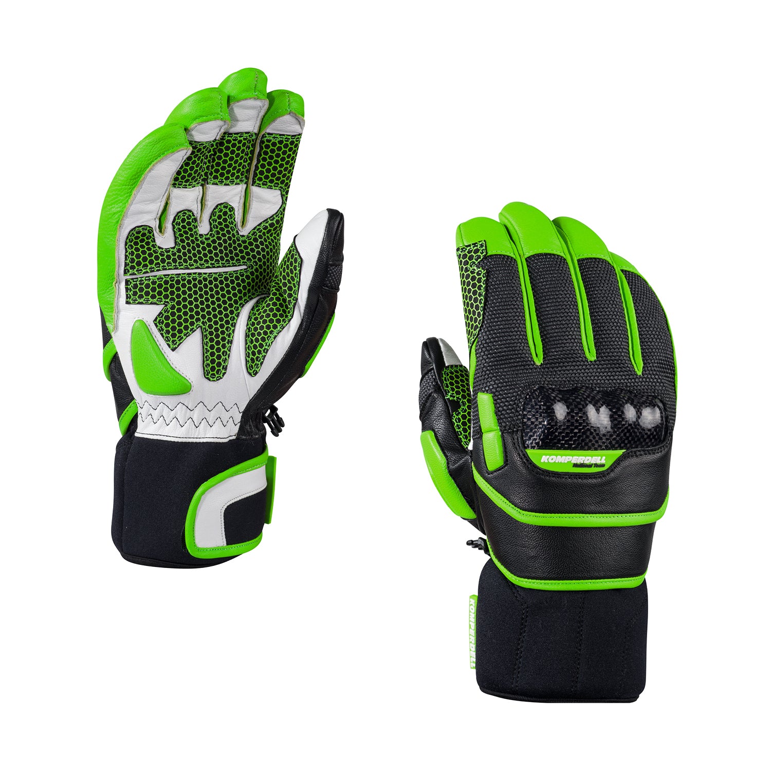 Produktbild des Komperdell Racing Handschuhs in schwarz und gruen mit Protektoren, zeigt Vorder- und Rueckseite des Skihandschuhs fuer Rennsport und alpines Skifahren