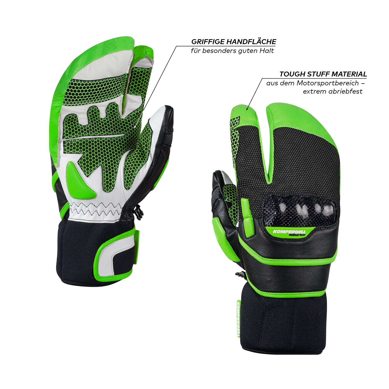 Komperdell Racing Lobster Skihandschuh fuer Erwachsene in schwarz-gruen mit griffiger Handflaeche fuer besseren Halt und abriebfestem Tough Stuff Material aus dem Motorsportbereich