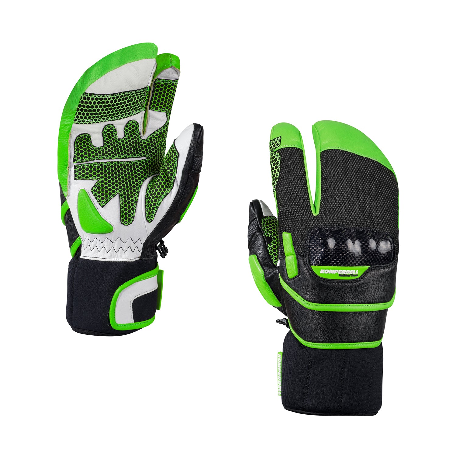 Komperdell Racing Lobster Skihandschuhe fuer Erwachsene in schwarz-gruen mit robuster Handinnenflaeche und abriebfestem Obermaterial aus dem Motorsportunterbereich, ideal fuer Rennlaeufer
