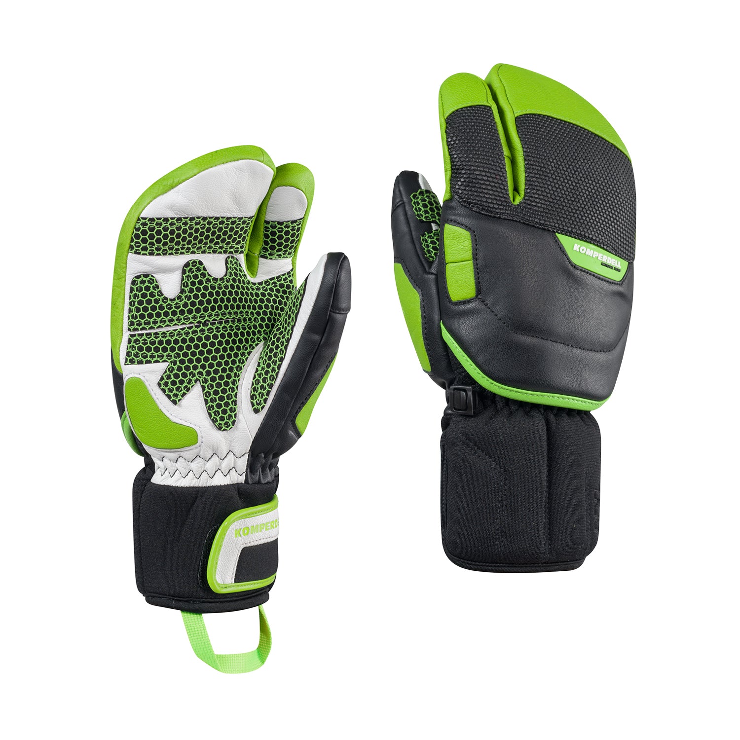 Komperdell Racing Lobster Junior Skihandschuh fuer Kinder in gruenschwarz mit robuster Protektion, abriebfestem Material und griffiger Handflaeche fuer sicheren Halt beim Rennlauf