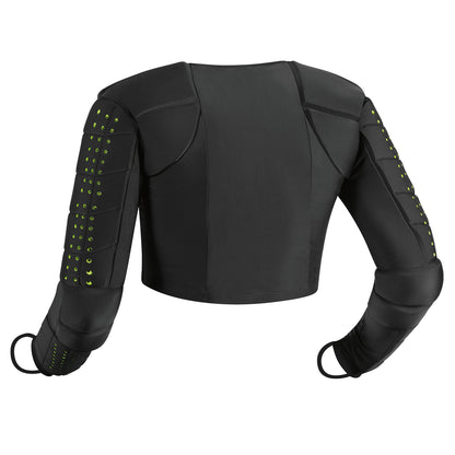 Rueckenansicht des Komperdell Slalom Protector Shirts fuer Erwachsene in schwarz mit integrierten, flexiblen Armprotektoren – idealer Schutz fuer Slalom Skifahrer.