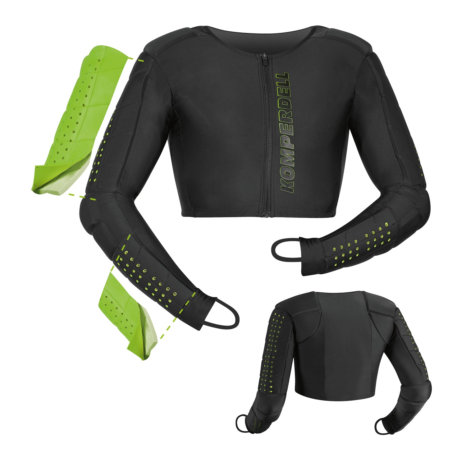 Komperdell Slalom Protector Shirt fuer Kinder und Jugendliche in schwarz mit herausnehmbaren, flexiblen Armprotektoren, optimaler Schutz beim Slalom Skifahren, Rueckenansicht und Detaildarstellung der Protektorschichten.
