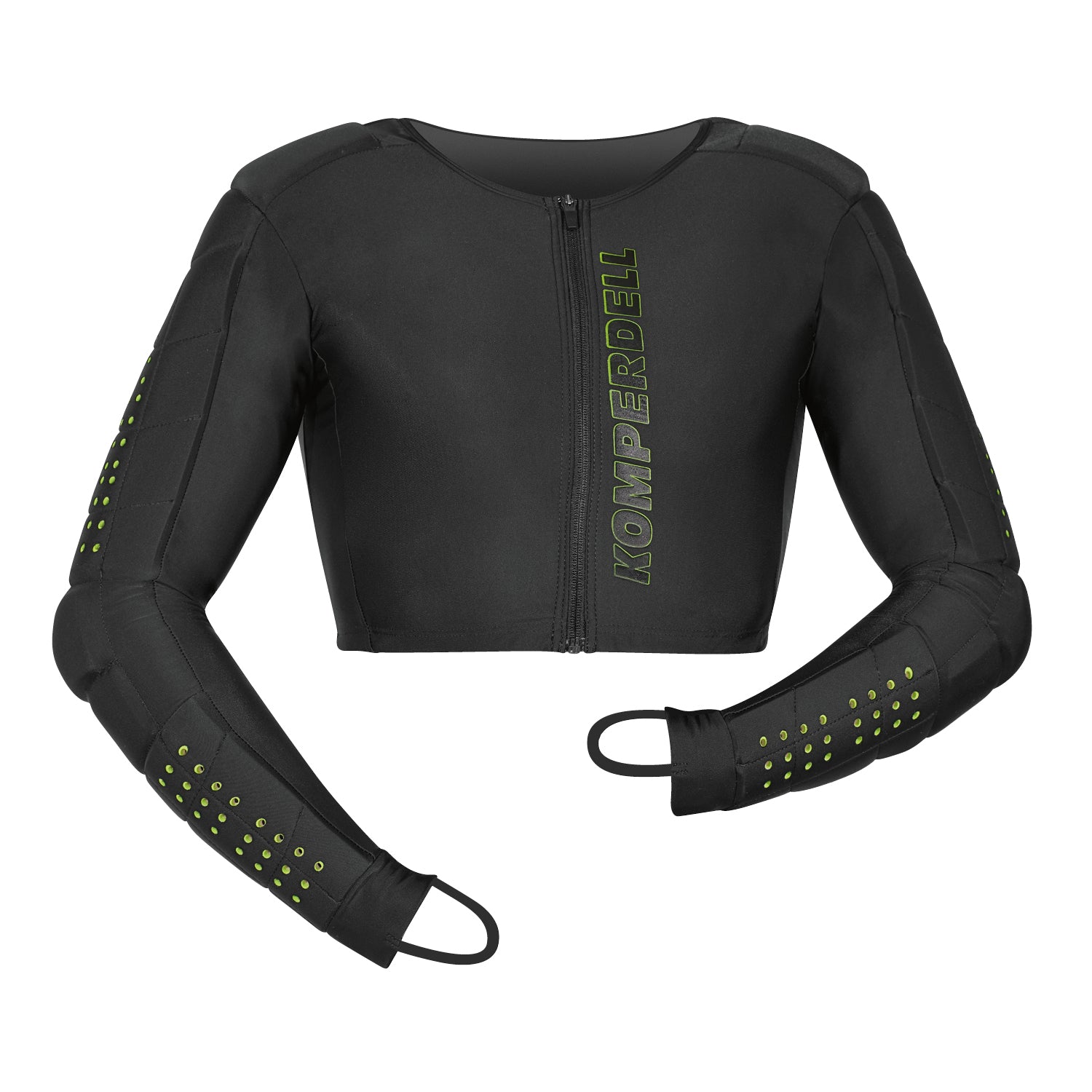 Komperdell Slalom Protector Shirt in schwarz mit integrierten Armprotektoren und Daumenschlaufen, optimaler Aufprallschutz fuer Slalomtraining im Skisport, flexibel und atmungsaktiv fuer Kinder und Jugendliche.