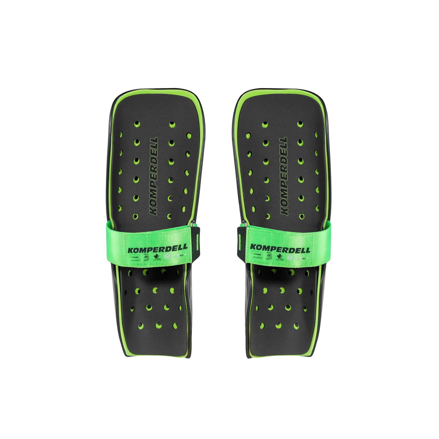 Vorderansicht des Komperdell Unterarm Schlagschutzes World Cup Junior in Schwarz-Gruen mit Belueftungslöchern und verstellbarem Klettverschluss fuer sicheren Halt und optimalen Aufprallschutz im Skirennsport.