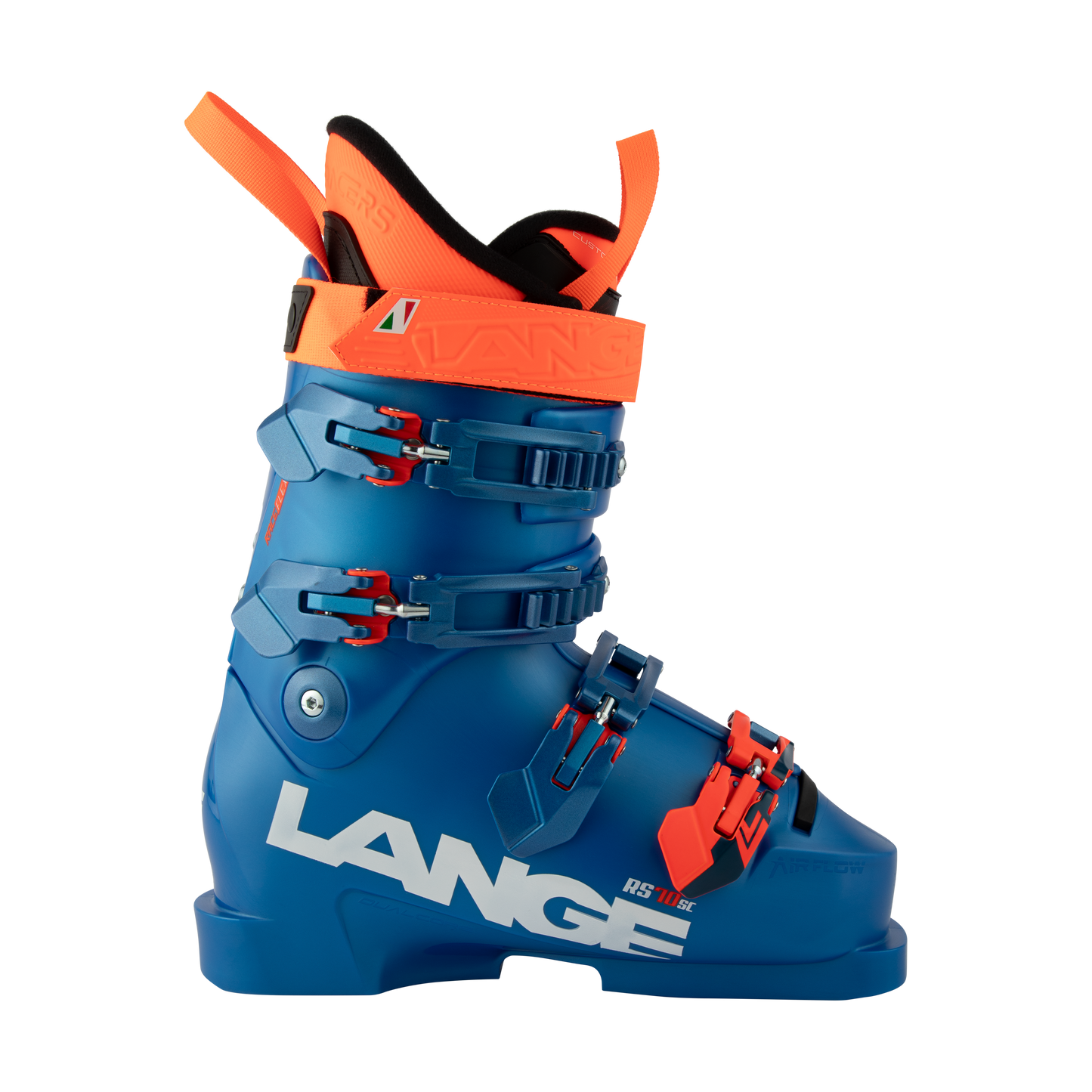 Blauer Skischuh Lange RS 70 SC mit kurzer Manschette, ideal fuer junge Rennlaeufer und ambitionierte Skifahrer.