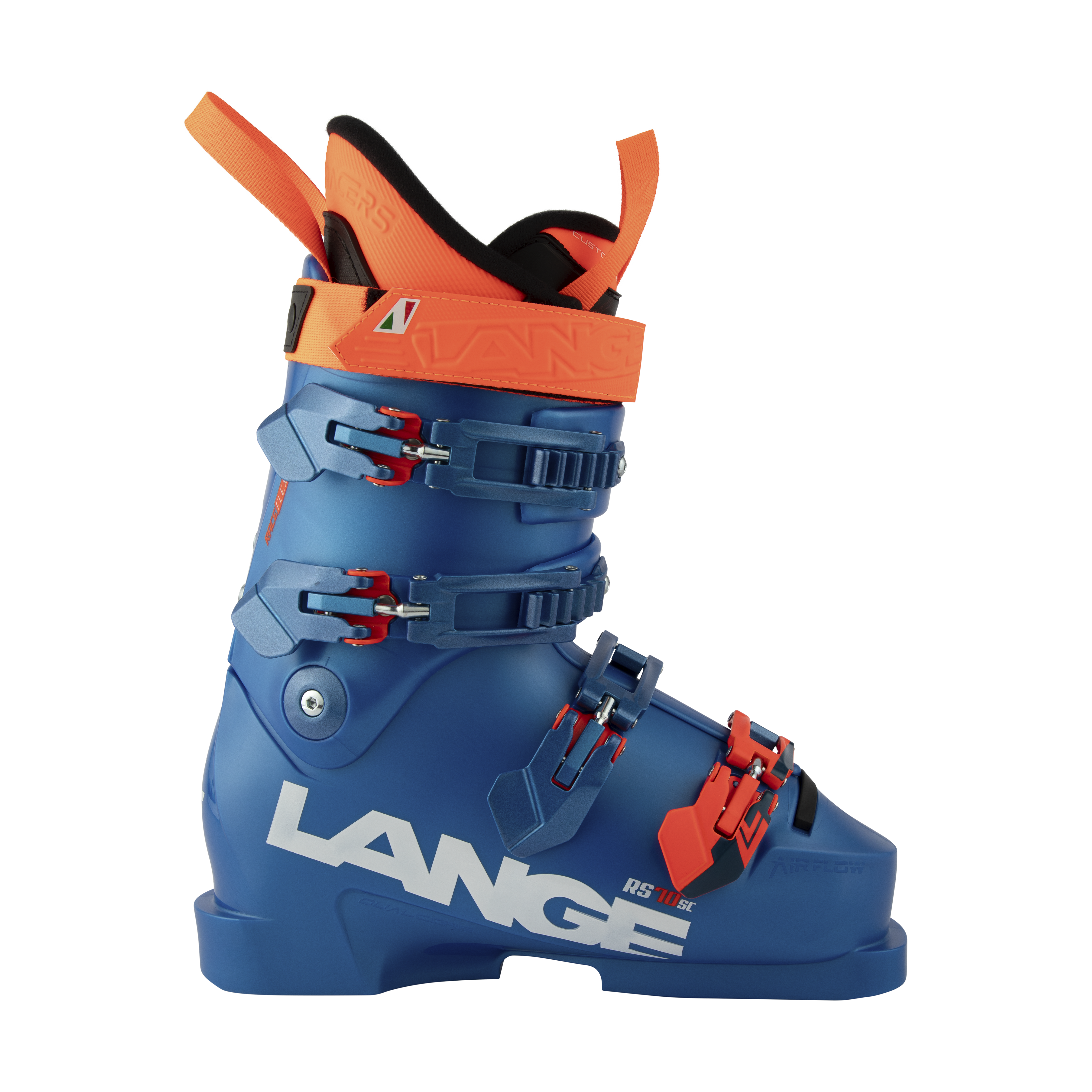 Blauer Skischuh Lange RS 70 SC mit kurzer Manschette, ideal fuer junge Rennlaeufer und ambitionierte Skifahrer.