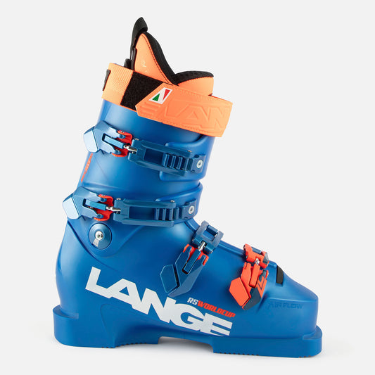 Lange RS Z Soft Skischuh in leuchtendem Blau mit vier Schnallen und Powerstrap, entwickelt fuer ambitionierte Skirennlaeufer mit maximaler Praezision und Komfort.