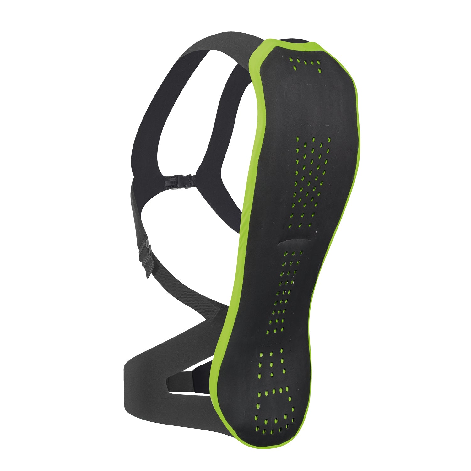 Schwarzer Rueckenprotektor mit gruenem Rand fuer Erwachsene – flexibles und atmungsaktives Design fuer maximale Sicherheit beim Skifahren, Snowboarden oder Mountainbiken.