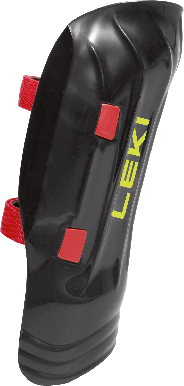 Schwarzer Leki Schienbeinschoner mit roten Klettpads und gelbem Logo – optimaler Schutz für Slalom-Rennläufer im alpinen Skisport