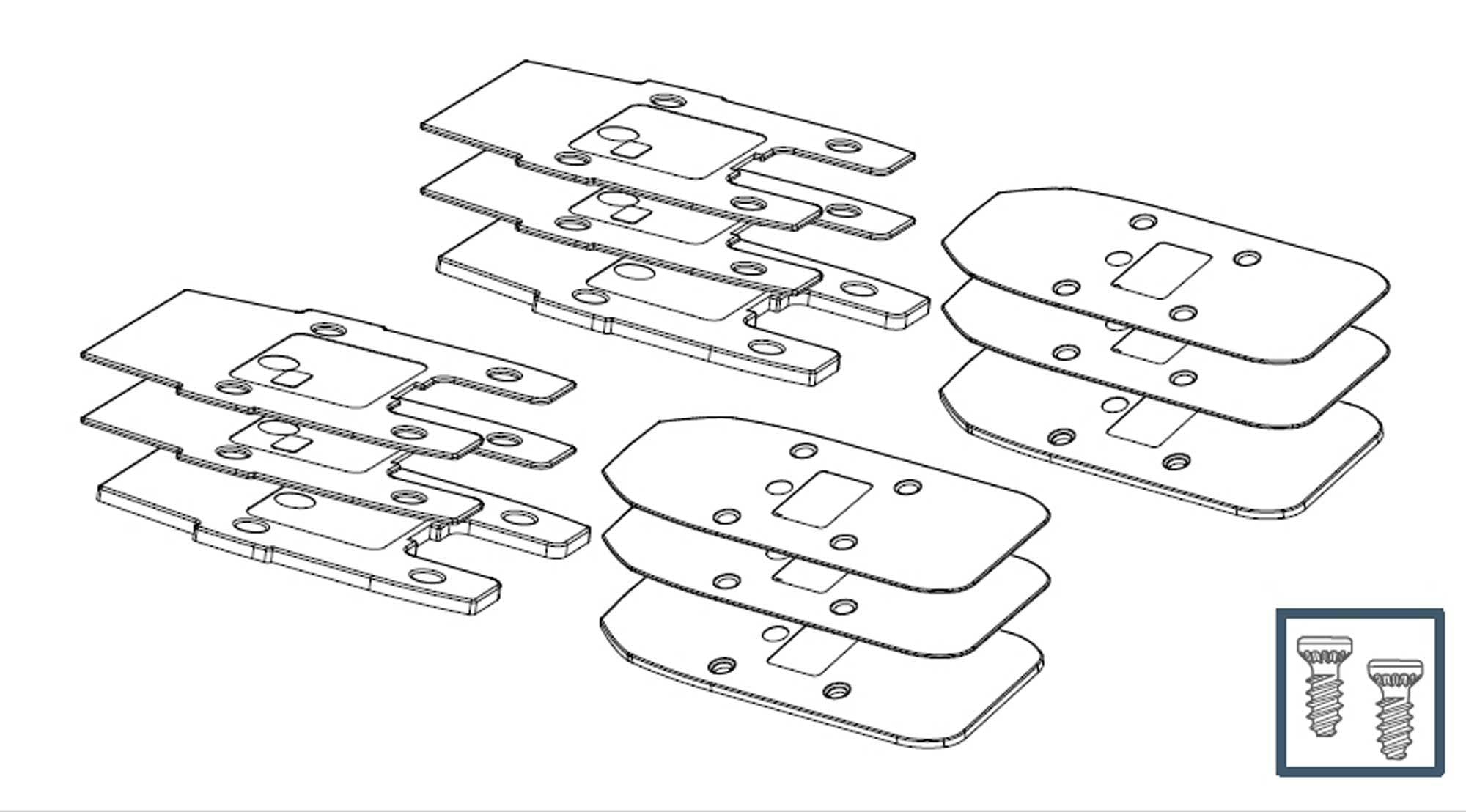 Lifterplatten-Set L2 Liftr 5mm für PX18/SPX15 RKR Bindungen – inklusive Schrauben – Explosionszeichnung der Skibindungs-Adapterplatten in gestapelter Ansicht.