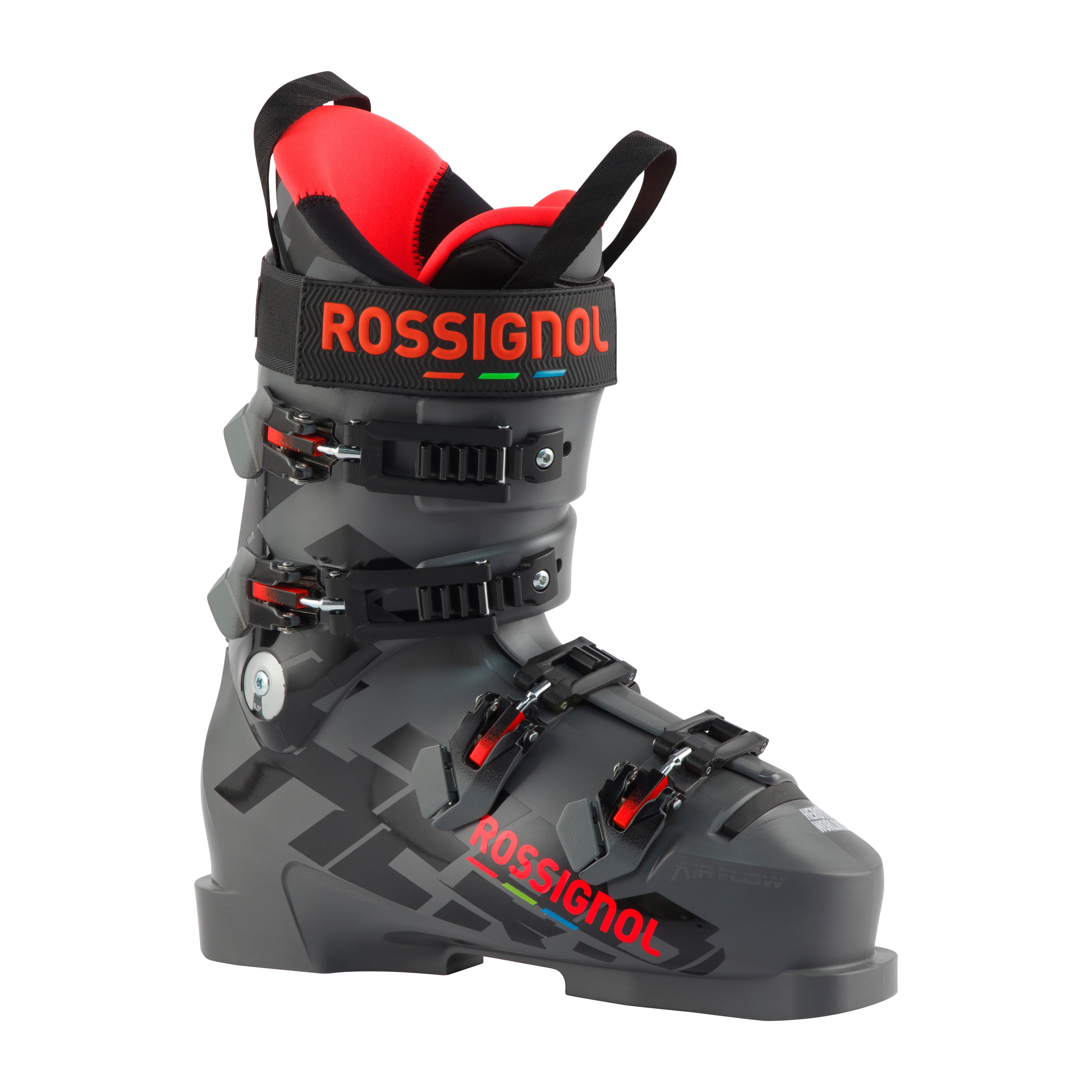 Der Rossignol HERO WORLD CUP 110 SC ist ein schwarz-grauer Skischuh mit roten und grünen Akzenten, vier verstellbaren Schnallen, einem schwarzen oberen Riemen, einem rot gepolsterten Innenraum und einem 97 mm Leisten für eine gute Passform.