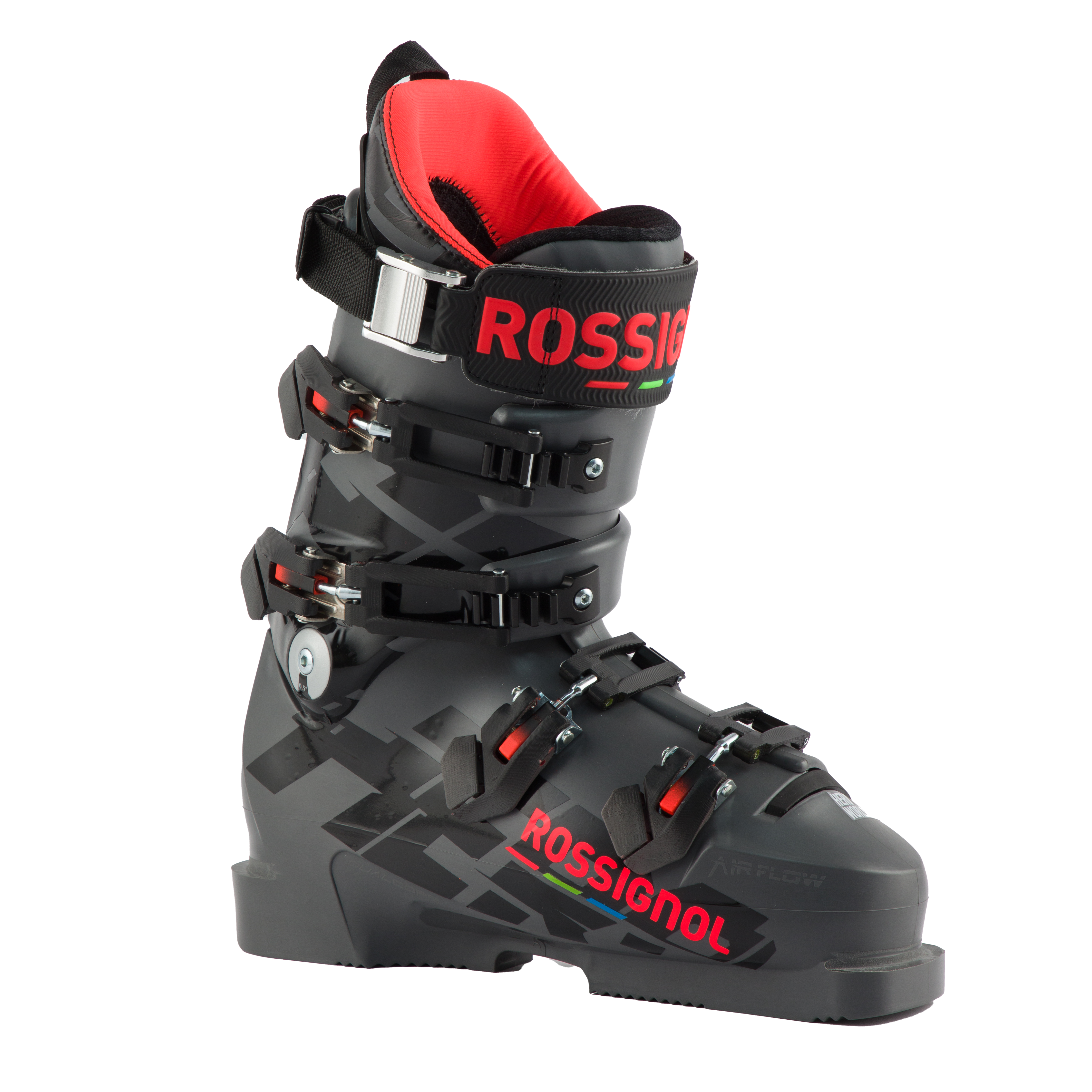 Ein schwarz-roter Rossignol HERO WORLD CUP ZJ+ Alpin-Skischuh mit vier verstellbaren Schnallen und rotem Innenfutter, abgebildet auf weißem Grund.