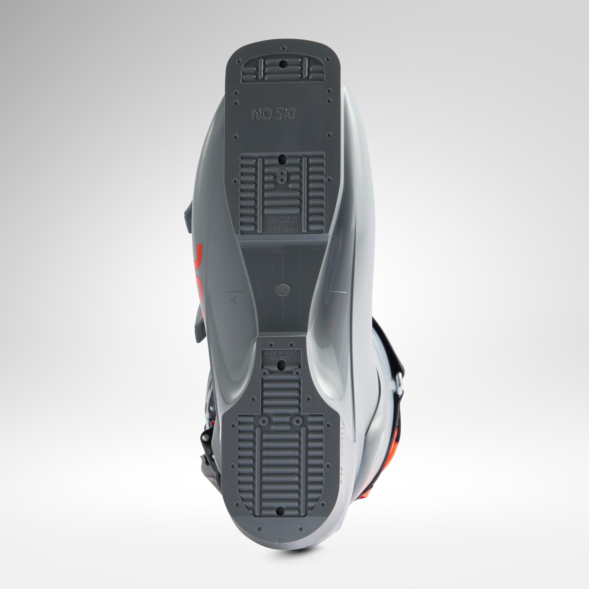 Das Bild zeigt die Unteransicht eines Rossignol HERO WORLD CUP 70 SC - POWER GREY 2026/2027 Skischuhs mit sichtbarem Profil und technischen Markierungen auf der Sohle vor einem hellen Hintergrund.