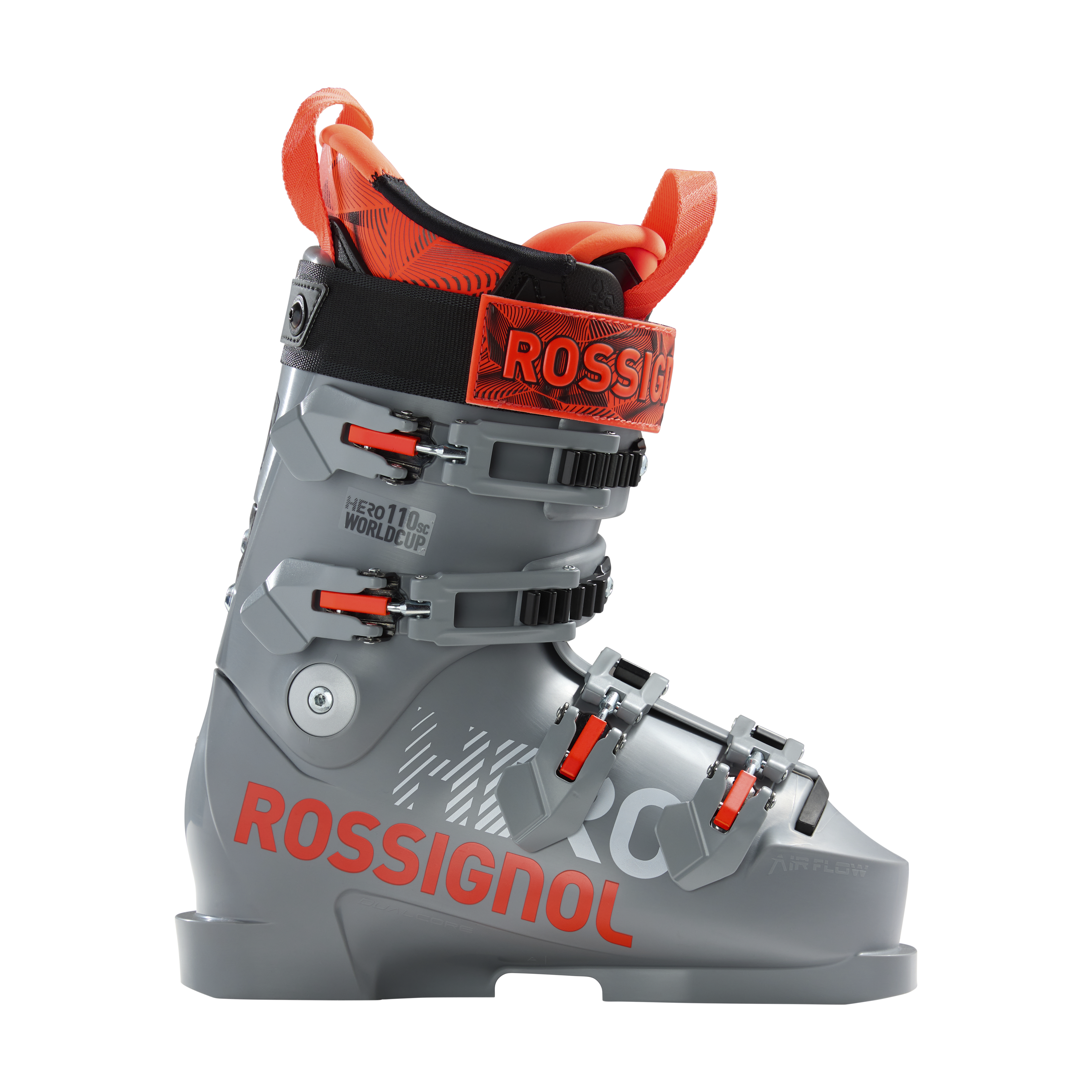 Der Rossignol HERO WORLD CUP 70 SC - POWER GREY 2026/2027 ist ein alpiner Juniorenskischuh in Grau und Orange mit drei Schnallen, einem auffälligen ROSSIGNOL-Branding an der Seite und schwarzen und orangen Akzenten für einen auffälligen Look.