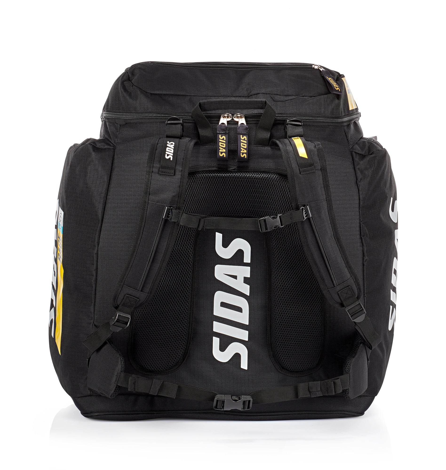 Sidas Race Bag 90L – Rückansicht des Skirucksacks mit gepolsterten, verstellbaren Schultergurten und Rückenpolsterung, ideal für komfortablen Transport schwerer Skiausrüstung im Wintersport.
