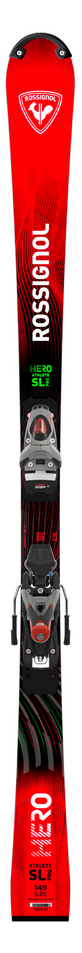 Ein roter Rossignol HERO SL PRO R21 PRO 2026/2027 Junior Ski mit schwarzer Bindung, fetter weißer und grüner Schrift, abstrakten schwarzen Wellenmustern, Line Control Technology und dem Rossignol-Logo an der Spitze.