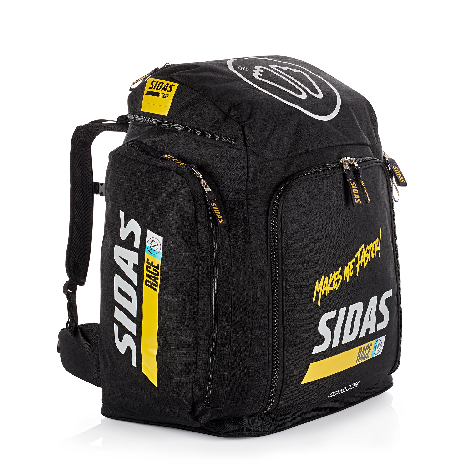 Sidas Race Bag 90L in Seitenansicht – geräumiger und strapazierfähiger Skirucksack mit mehreren Reißverschlussfächern und sportlichem SIDAS-Design, ideal für Skirennläufer und Wintersportreisen.“