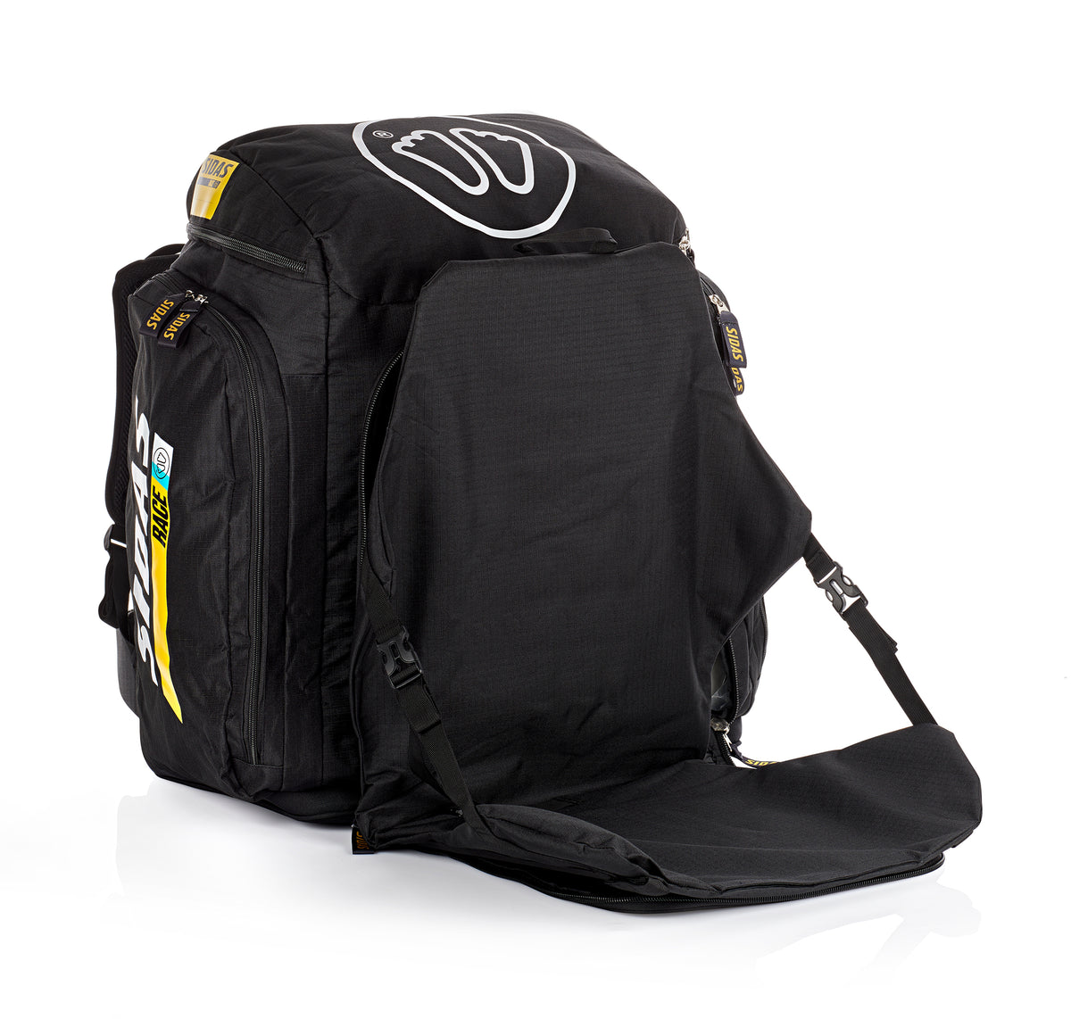 Sidas Race Bag 90L mit integrierter Sitzfläche – funktionaler Ski-Rucksack mit ausklappbarer Sitzmatte zum bequemen Umziehen auf der Piste, ideal für Rennläufer und Skisport-Enthusiasten.