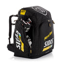 Sidas Race Bag 90L mit geöffnetem Seitenfach und sichtbarem Skischuh – robuster Ski-Rucksack mit großem Stauraum für Rennsport-Ausrüstung, ideal für ambitionierte Wintersportler