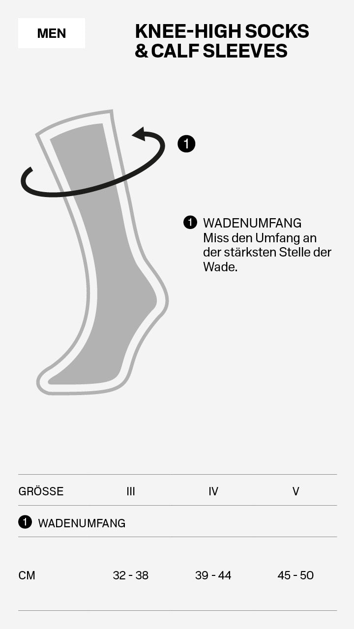 Eine Anleitungsgrafik für CEP Ski Ultralight Socken 3.0 braun/dunkelrot Herren zeigt, wie man den Wadenumfang misst, sowie eine deutsche Größentabelle mit den Größen III, IV, V und ihren Maßen in Zentimetern. Marke: CEP.