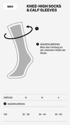 Deutsches Diagramm für CEP Ski Ultraleicht-Socken 3.0 schwarz/grau Herren: zeigt, wie man den Wadenumfang misst, mit einer grauen Sockenabbildung, einem Pfeil, der die Wade markiert, und einer Größentabelle (III, IV, V) in cm. Marke: CEP.
