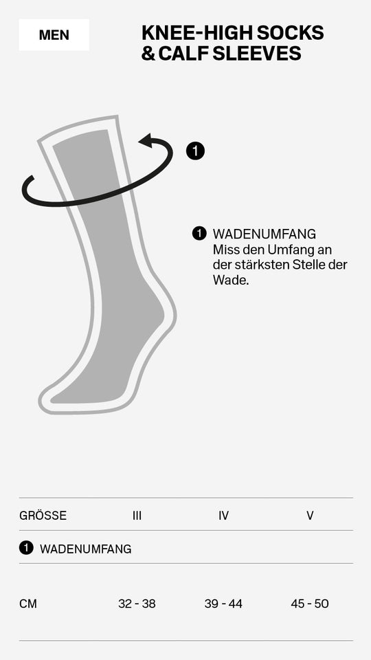 Deutsches Diagramm für CEP Ski Ultraleicht-Socken 3.0 schwarz/grau Herren: zeigt, wie man den Wadenumfang misst, mit einer grauen Sockenabbildung, einem Pfeil, der die Wade markiert, und einer Größentabelle (III, IV, V) in cm. Marke: CEP.