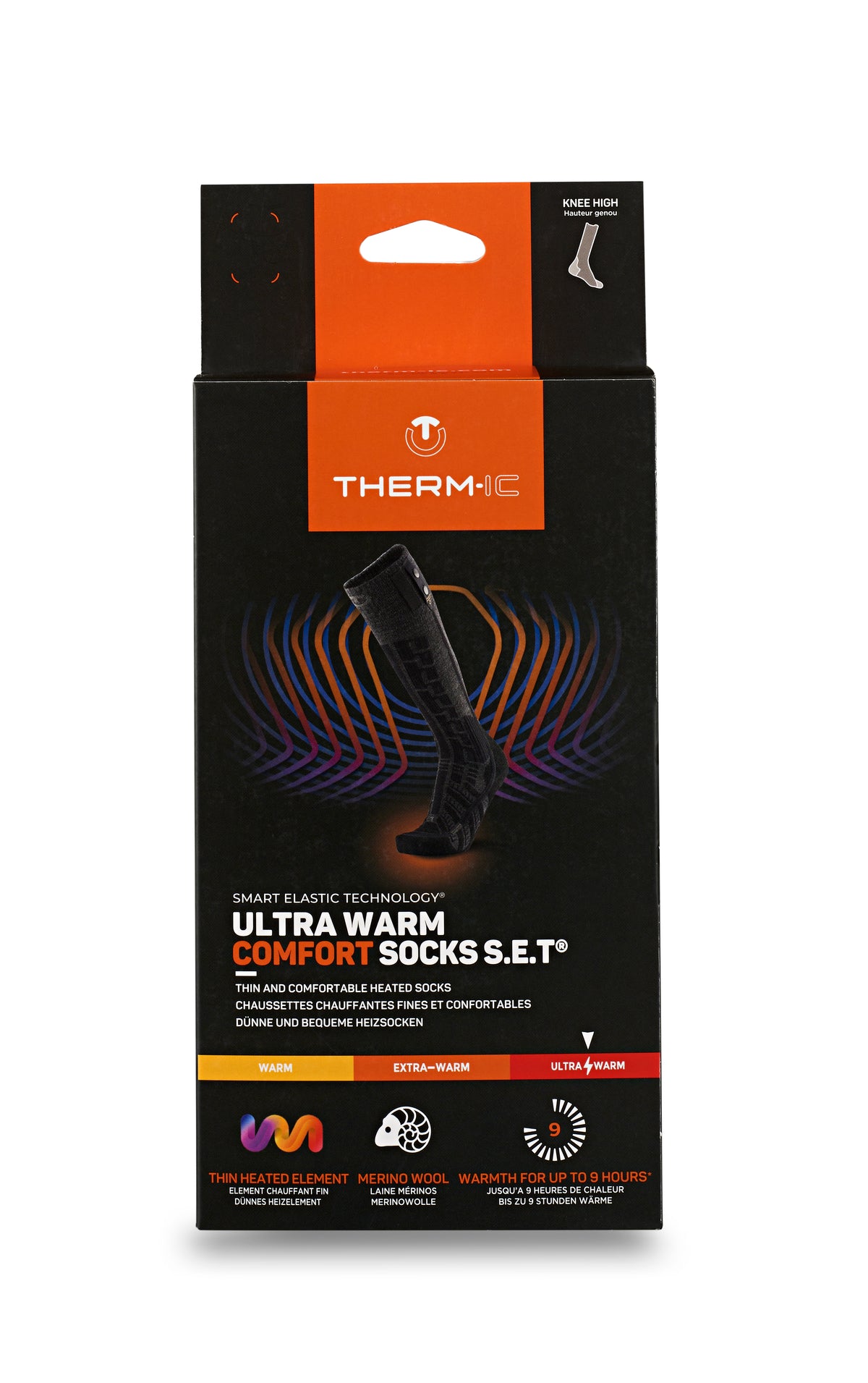 Verpackung der Therm-ic Ultra Warm Comfort Socks S.E.T – beheizbare Skisocken mit Smart Elastic Technology, Merinowolle und bis zu 9 Stunden Wärmeleistung.